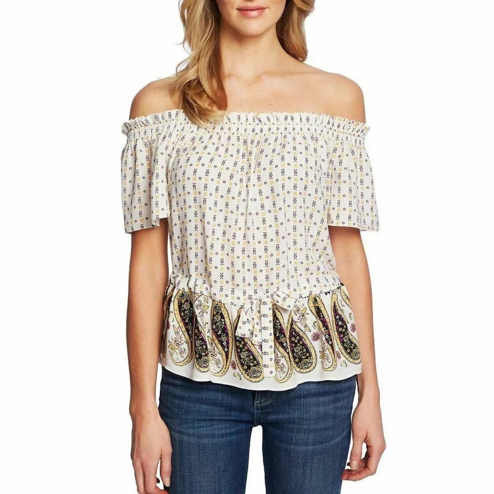 CeCe Paisley Trim Woven Top